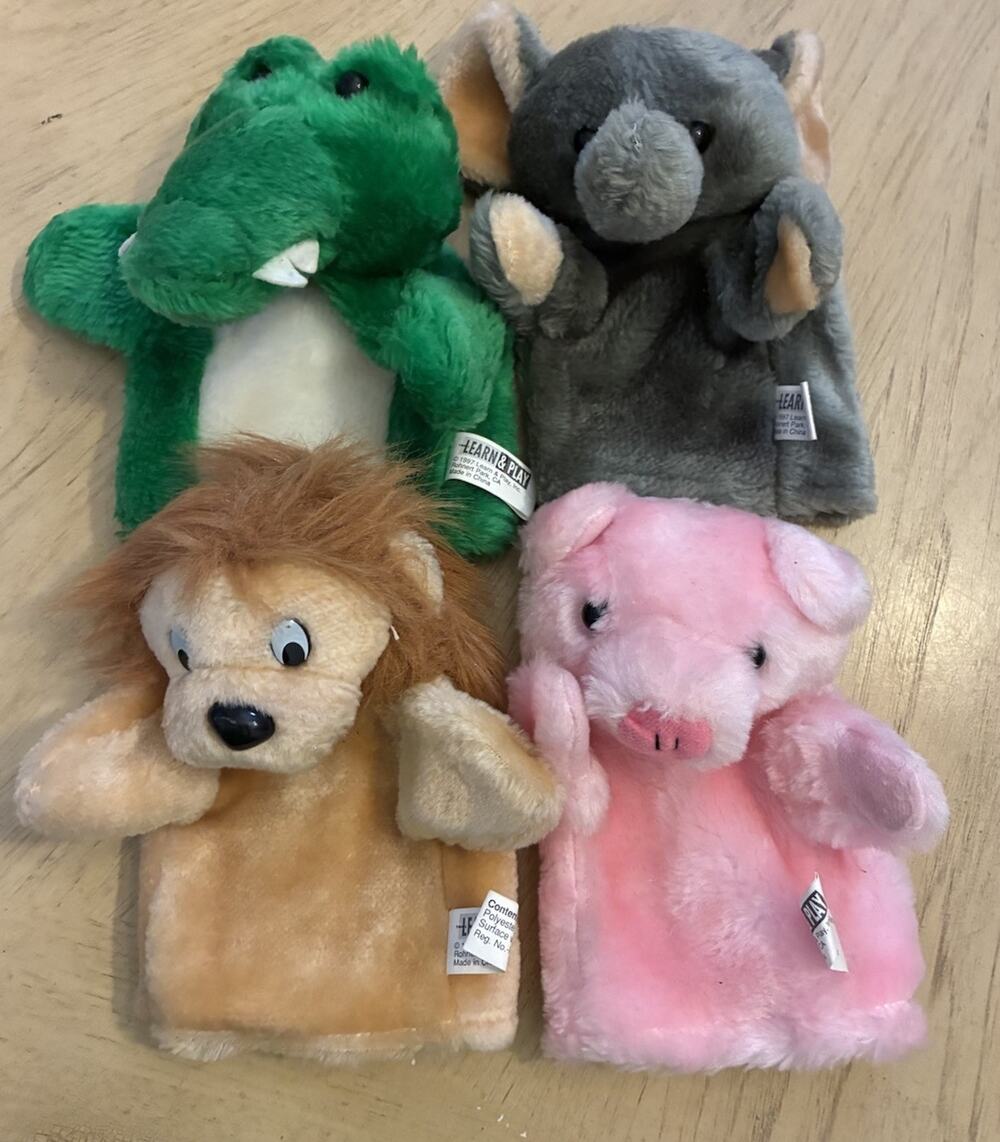 Vintage 90s Animal Hand Puppets LION, PIG, ELEPHANT, ALLIGATOR Learn & Play Kids